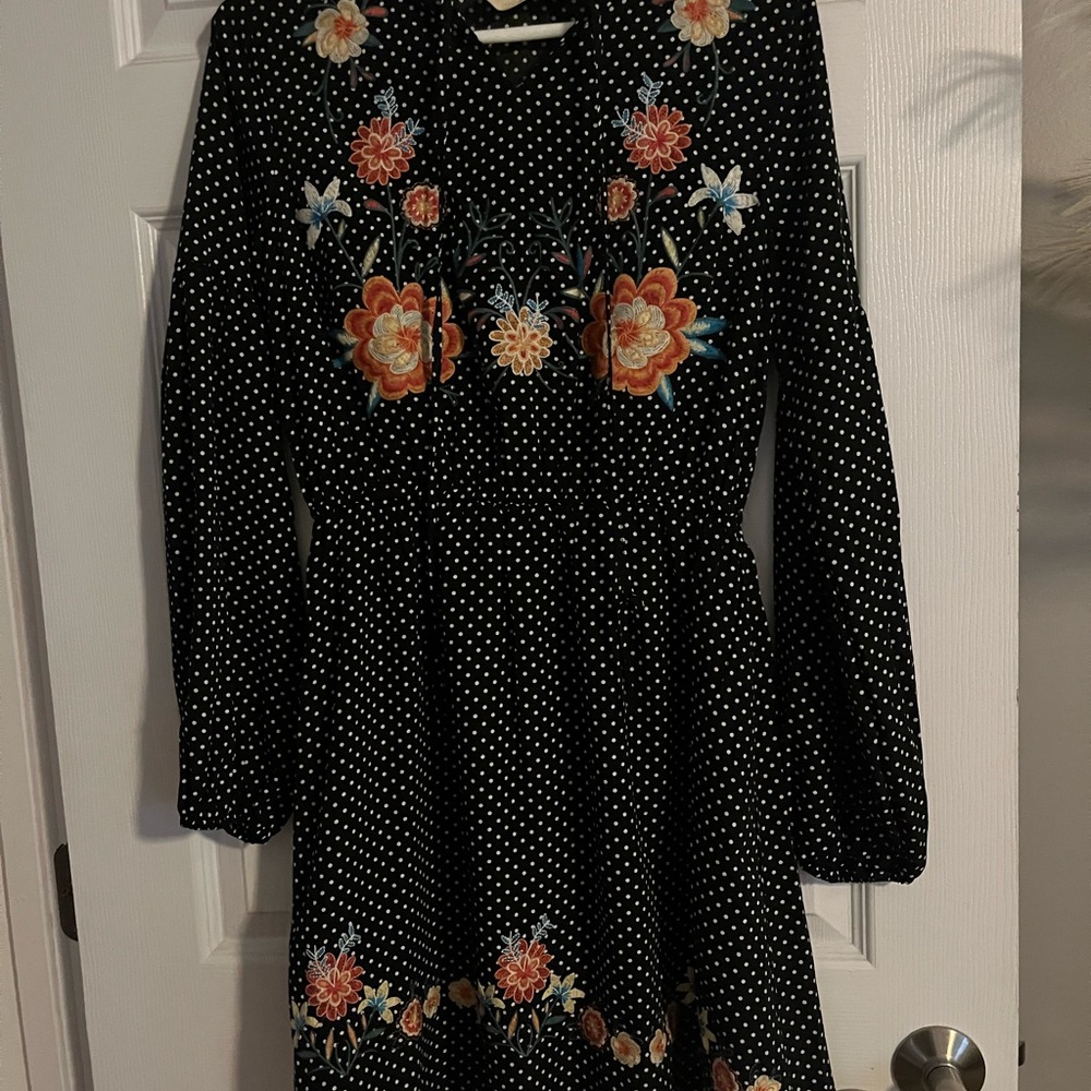 Savannah Jane Floral Embroidered Black Polka Dot Dress